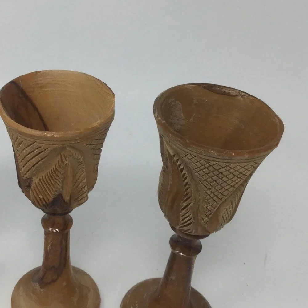 4 Vintage Wood Hand Carved Goblets Small